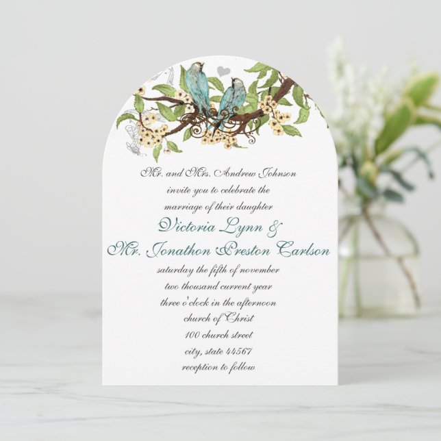 Convite Casamento de Pássaro Azul Aqua e Amarelo (Em pé/Frente)