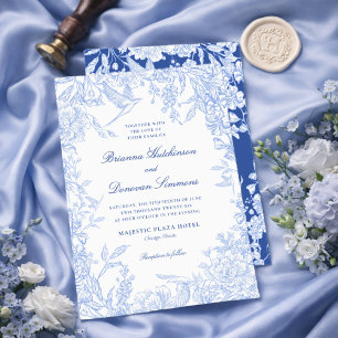 Convite Casamento de Pássaro Botânico Azul e Branco Elegan