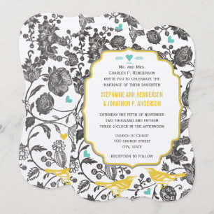 Convite Casamento de Pássaro de Amor Floral Cinza Verde Me