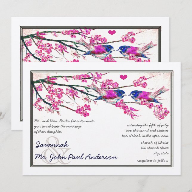Convite Casamento de Pássaros Amor Rosa e Azul Marinho Flo (Frente/Verso)