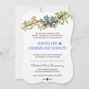 Convite Casamento de Pássaros Antigos Flor de Cerejeira Az