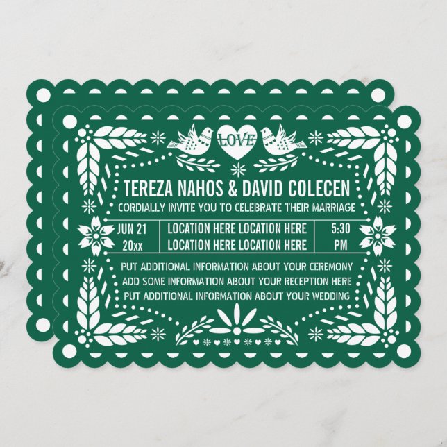 Convite Casamento de pássaros com o papel picado (Frente/Verso)