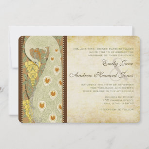 Convite Casamento de Pássaros de Amor Art Nouveau Pavão 