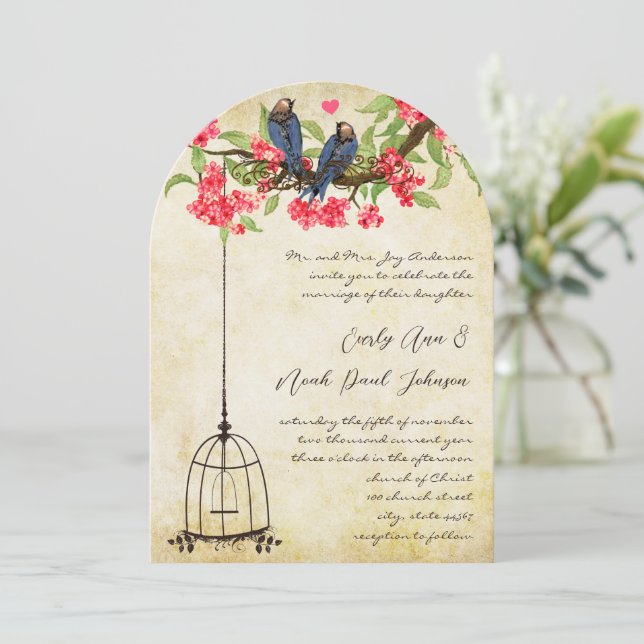 Convite Casamento de Pássaros de Amor com Flor de Cerejeir (Em pé/Frente)