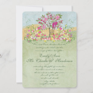 Convite Casamento de Pássaros de Amor Flor Verde Rosa Gira