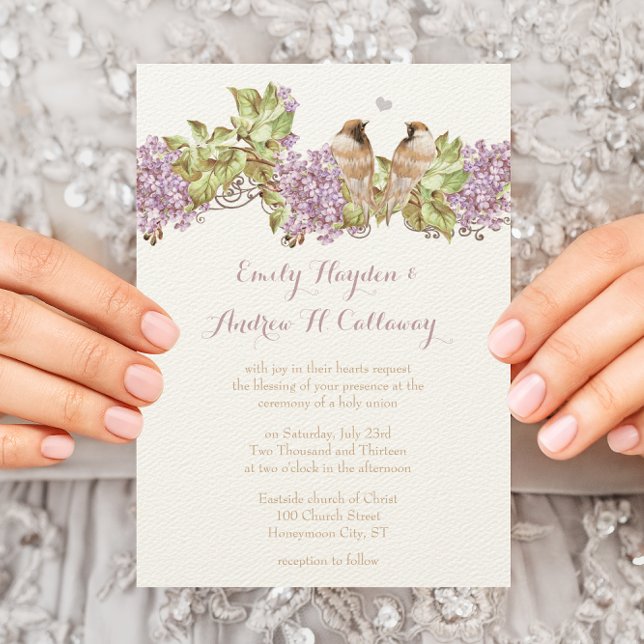 Convite Casamento de Pássaros de Amor Lilás Lavanda (Criador carregado)