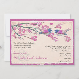 Convite Casamento de Pássaros de Amor Rosa e Azul Cerejeir