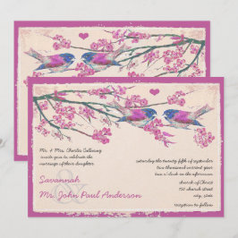 Convite Casamento de Pássaros de Amor Rosa e Azul Cerejeir