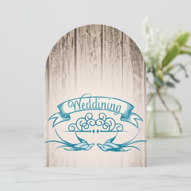 Convite Casamento de Pássaros de Amor Rústico Vintage Die  (Em pé/Frente)