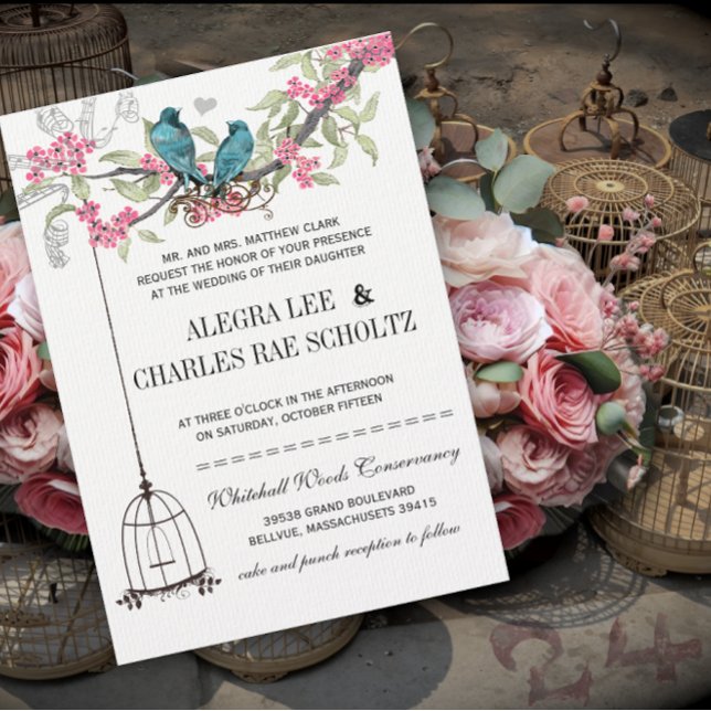 Convite Casamento de Pássaros de Cerejeira Rosa e Turquesa (Criador carregado)