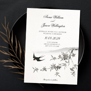 Convite Casamento de pássaros de ramo floral japonês
