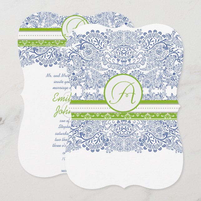 Convite Casamento de Pássaros do Amor Azul Royal Maçã Verd (Frente/Verso)