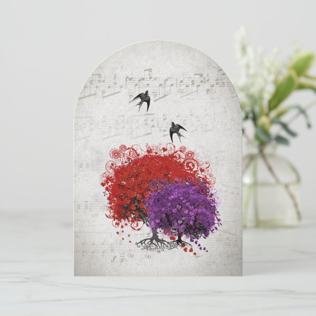 Convite Casamento de Pássaros Roxos Roxos com Folha de Cor (Em pé/Frente)