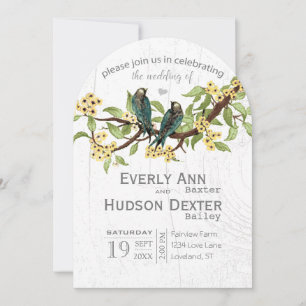 Convite Casamento de Pássaros Vintage Amarelo Cinza e Azul