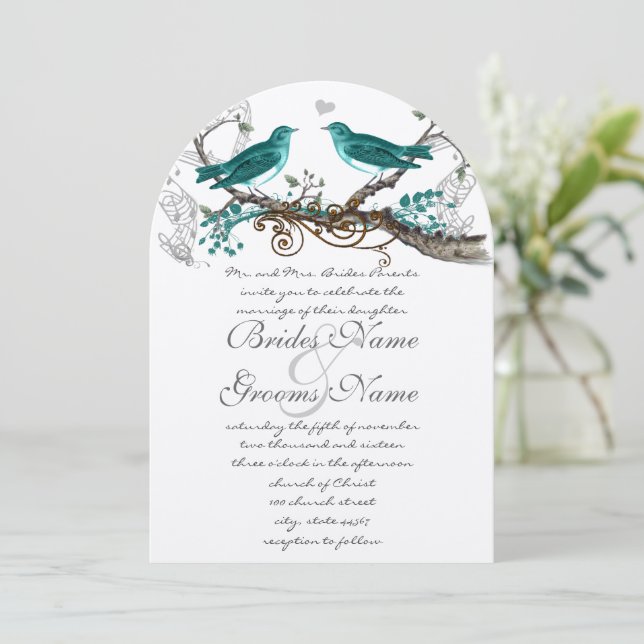 Convite Casamento de Pássaros Vintage Azul Turquesa extra  (Em pé/Frente)