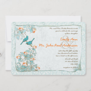 Convite Casamento de Pássaros Vintage Turquesa e Laranja D