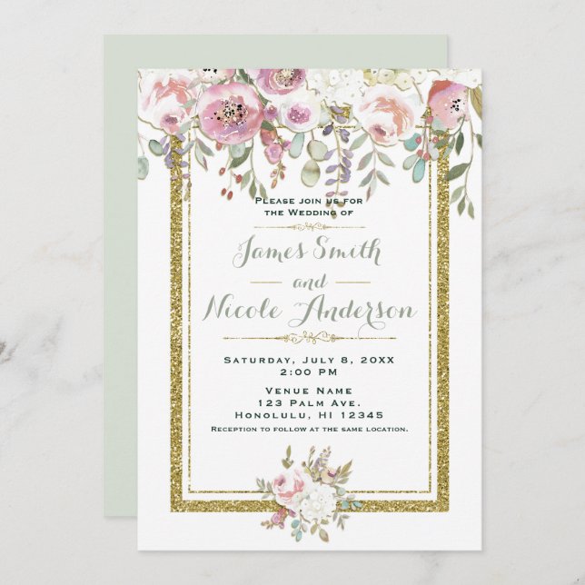 Convite Casamento de Pastel Floral Dourado e Verde Rosa (Frente/Verso)