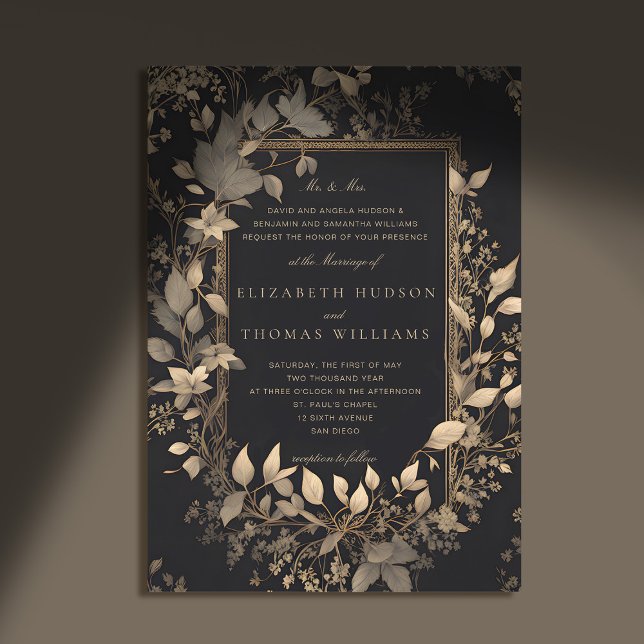 Convite Casamento de Patina Dourada Clássica de Floresta M (moody forest wedding invitation botanical frame black gold vintage elegant classic traditional paren)