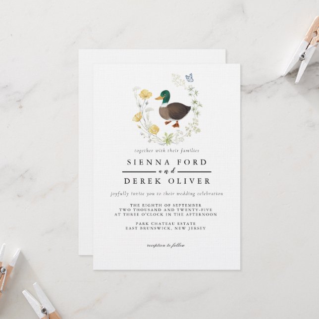 Convite Casamento de Pato de Seldflower Mallard (Frente/Verso In Situ)