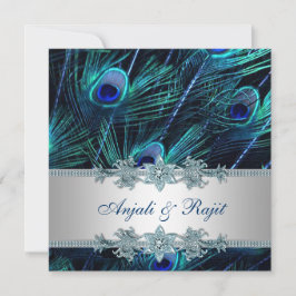 Convite Casamento de Pavão Azul Real e Prata Azul Real