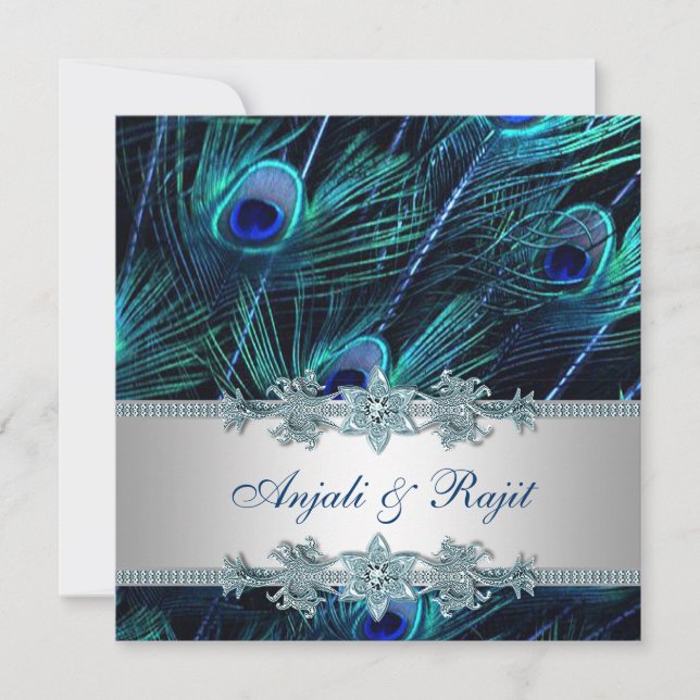 Convite Casamento de Pavão Azul Real e Prata Azul Real (Frente)