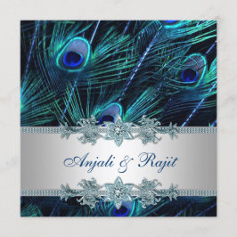 Convite Casamento de Pavão Azul Real e Prata Azul Real