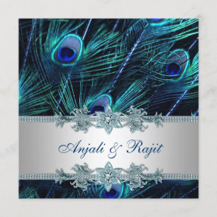 Convite Casamento de Pavão Azul Real e Prata Azul Real