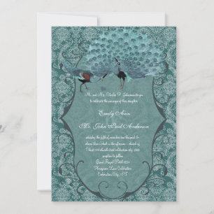 Convite Casamento de Pavão Azul Teal Damask Vintage
