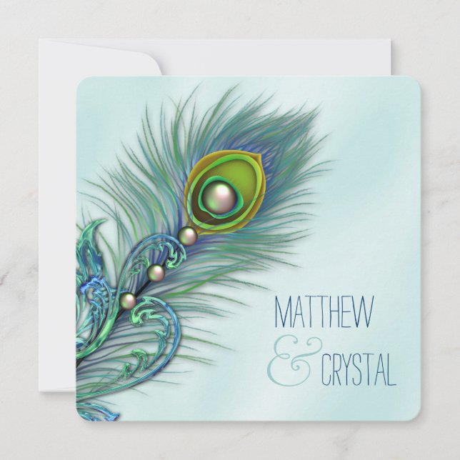 Convite Casamento de Pavão Azul Turquesa e Roxo (Frente)