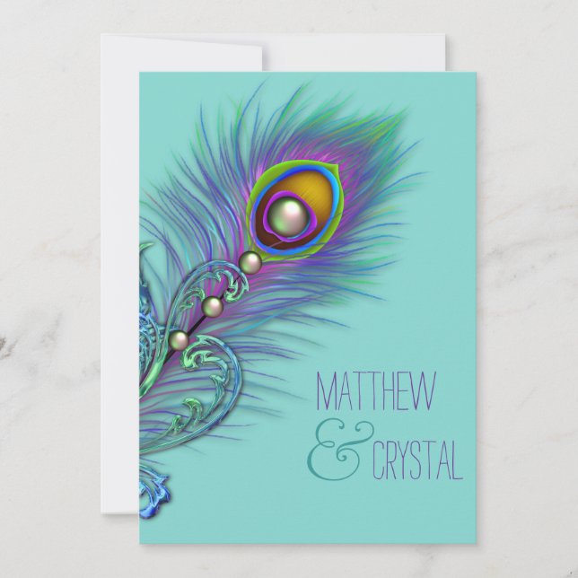 Convite Casamento de Pavão Azul Turquesa e Roxo (Frente)