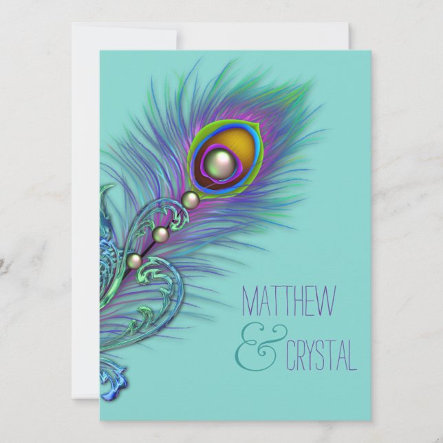 Convite Casamento de Pavão Azul Turquesa e Roxo (Frente)