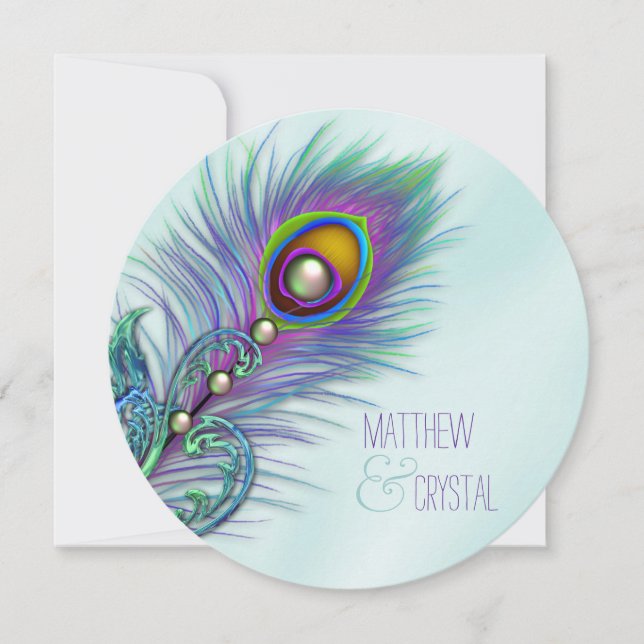 Convite Casamento de Pavão Azul Turquesa e Roxo (Frente)
