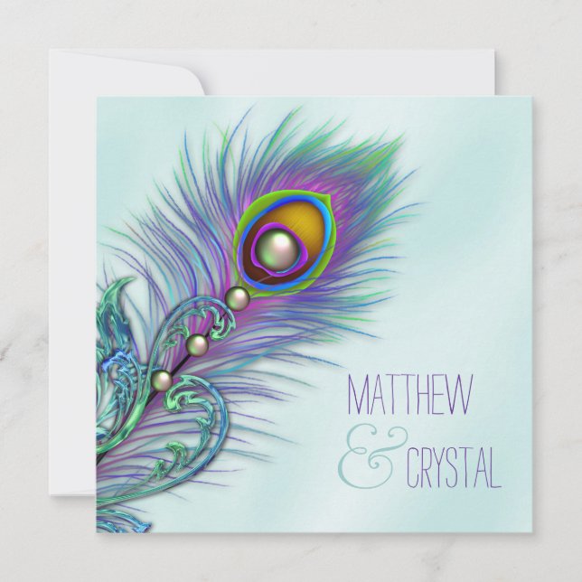 Convite Casamento de Pavão Azul Turquesa e Roxo (Frente)