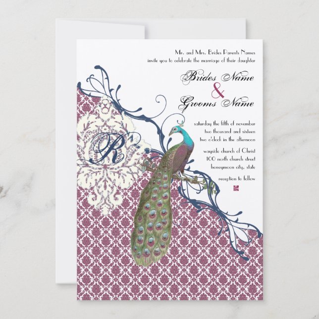 Convite Casamento de Pavão Damask Azul Marinho e Berry Ber (Frente)