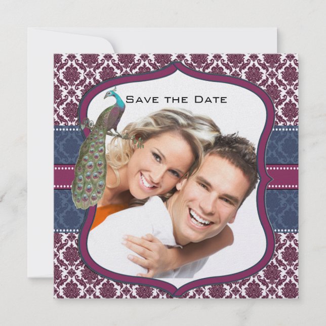 Convite Casamento de Pavão Damask Naval e Berry Berry Eleg (Frente)