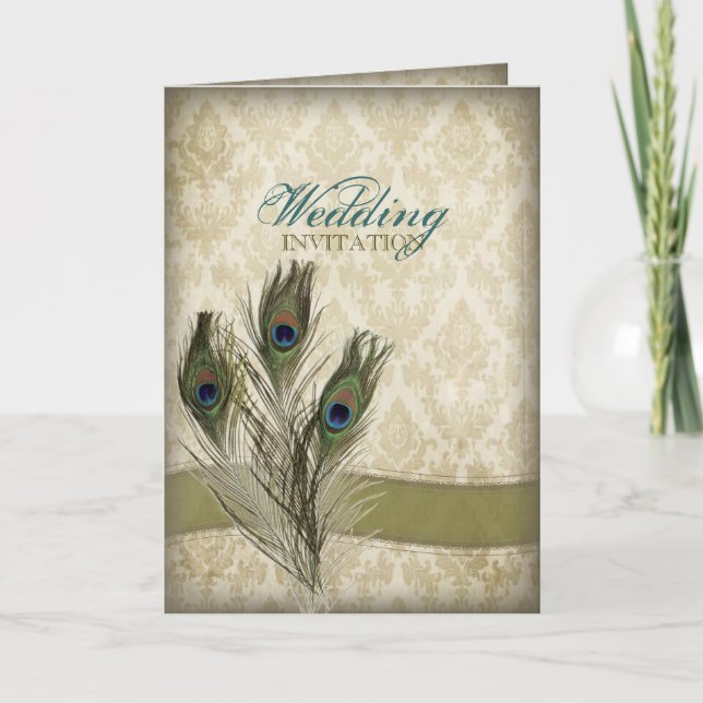 Convite casamento de pavão elegante com damasco de creme (Frente)