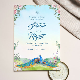 Convite Casamento de Pavão Índio Floral Blue Watercolor