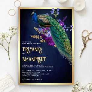 Convite Casamento de Pavão Índio Púrpura Azul-Noite