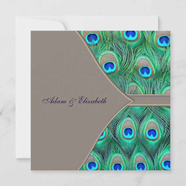 Convite Casamento de Pavão Marrom e Azul (Frente)