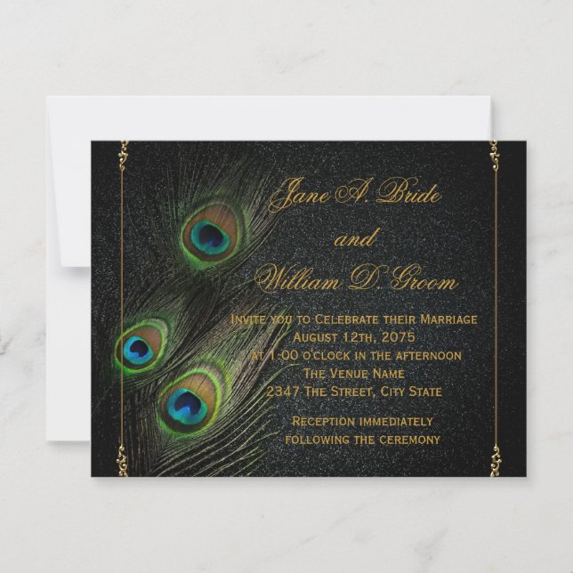 Convite Casamento de Pavão Preto e Dourado (Frente)