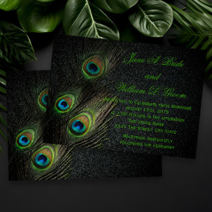 Convite Casamento de Pavão Preto Elegante Verde e Dourado