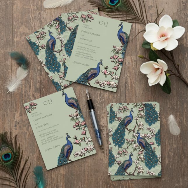 Convite Casamento de Pavão Verde e Flores Elegante Sage (Elegant Floral Peacock Wedding Invitations in Sage Green. Pattern of Peafowl Birds & Magnolia Flower)