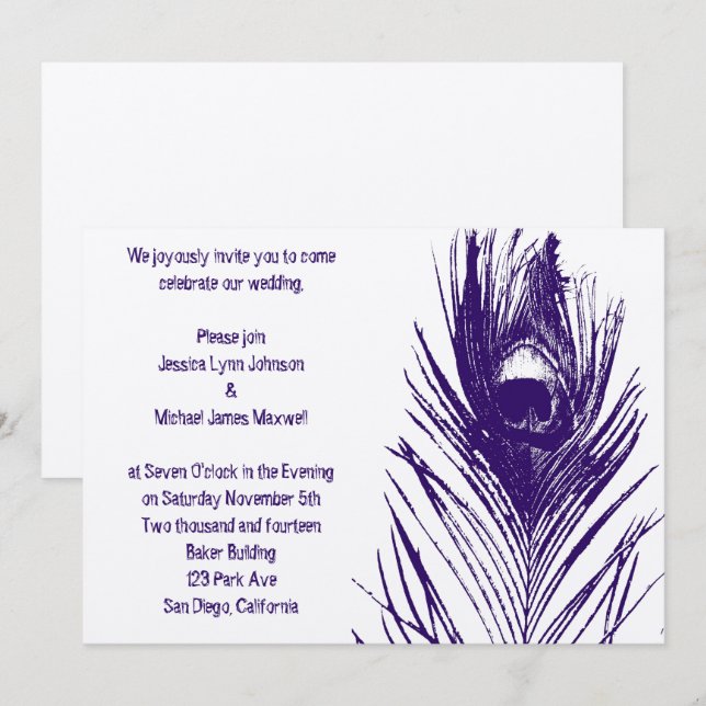 Convite Casamento de Pavões Roxos (Frente/Verso)
