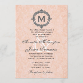 Convite Casamento de Peach Damask Silver Vintage
