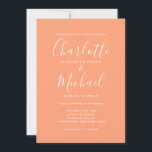 Convite Casamento de Peach de Script de Assinatura Elegant<br><div class="desc">O convite de casamento de script de assinatura elegante,  com nomes de estilo de assinatura,  este convite de casamento branco e pêssego de na moda,  pode ser personalizado com suas informações em caracteres brancos. Projetado por Thisnotme©</div>