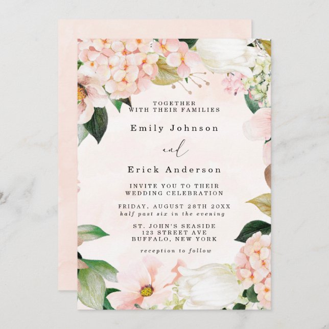 Convite Casamento de Peach e Cream Hydrangeas Tulip (Frente/Verso)