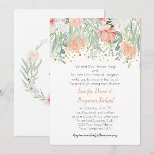Convite Casamento de Peach e Green Floral Dourado Sparkles