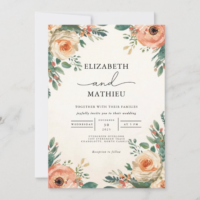Convite Casamento de Peach e Jardim Botânico Verde (Frente)