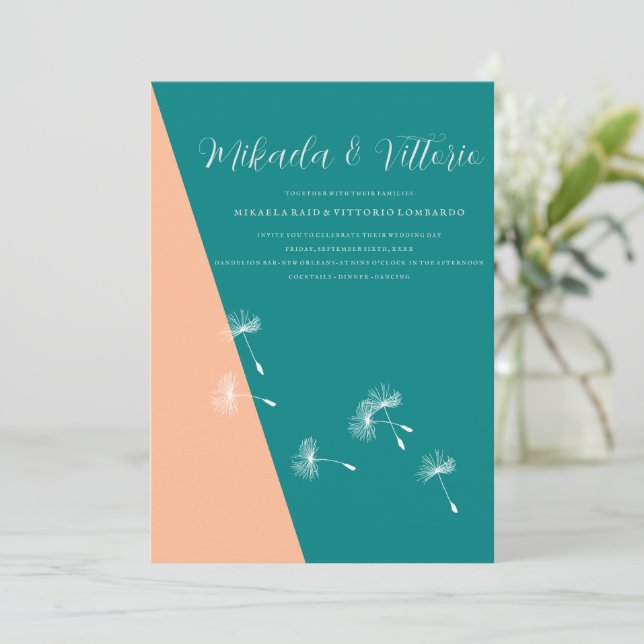 Convite Casamento de Peach e Teal (Em pé/Frente)