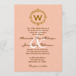 Convite Casamento de Peach Monograma com Quadro de Vintage